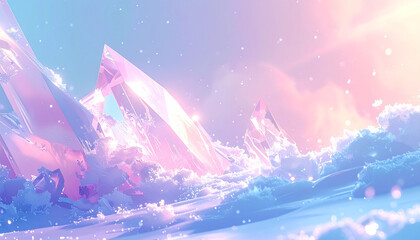 プリズムの光と雪の結晶が舞う幻想的な冬のグラデーション背景 – Transparent Prism Light and Snowflakes on Soft Blue and Pink Gradient