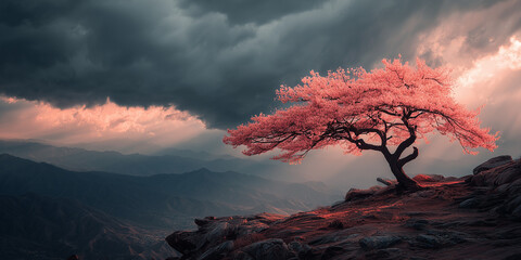 Stormlit Sakura Majesty: Pink Tree on Mountain Cliff