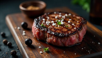 The Art of the Sear A perfectly grilled ribeye steak resting on a rustic wooden board, glistening with rendered fat and seasoned to perfection. A top down view of a perfectly seared ribeye steak