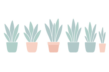 Decorative potted indoor plants arranged horizontally with pastel leaves and colorful pots