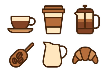 Set of coffee and breakfast icons including cup, French press, mug, and croissant