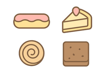 Sweet baked goods assortment featuring eclair, cheesecake slice, and chocolate brownie