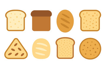 Collection of baked goods including sliced sandwich bread, whole wheat loaves, and various rolls