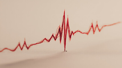 Creative red wire wave shaped as irregular ECG line waveform representing heartbeat and cardiac arrhythmia
