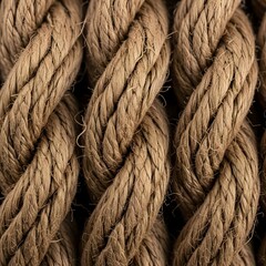 Close up of a thick twisted brown rope with detailed texture and intertwining strands for backgrounds and design