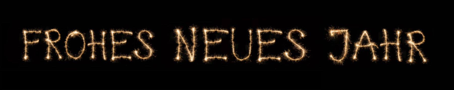 Silvester Neujahr Gru&szlig;karte Feiertag konzept Vorlage, Banner lang &ndash; Wunderkerzenschrift Wunderkerzen Schrift Schriftzug Text "FROHES NEUES JAHR", isoliert auf schwarzem Hintergrund