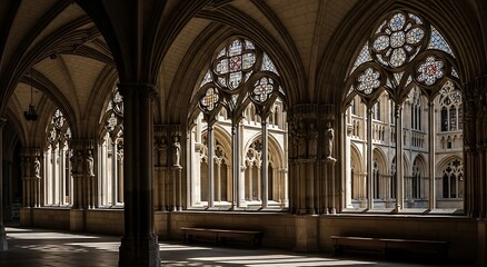 Obraz premium Sunlight streams through ornate gothic arched windows illuminating the interior of a historic cathedral cloister with intricate stone tracery