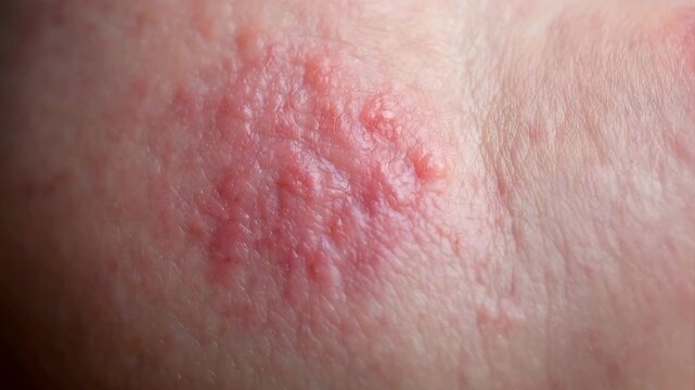Close Up Macro Shot of Red Inflamed Skin Rash With Bumps and Dry Patches Showing Dermatological Condition and Skin Irritation