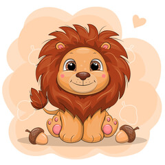 Cute cartoon Lion and acorns. Autumn Vector illustration of animal on orange background.