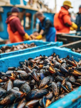 sustainable seafood concept fresh mussels piled in a blue crate at a seafood market with fishermen in the background showcasing vibrant marine life