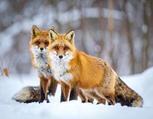 Naklejka premium Two red foxes standing in the snow
