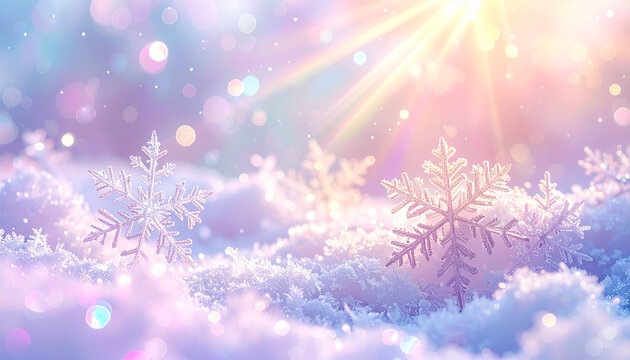 キラキラ輝くプリズムと雪の結晶が舞うパステル冬背景 &ndash; Delicate Pastel Winter Background with Iridescent Prism Sparkles and Snowflakes