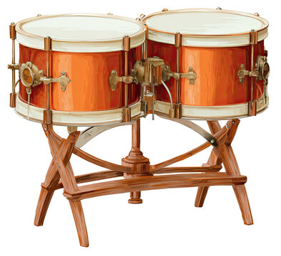 Illustration of a pair of copper-colored drums on a wooden stand, with detailed hardware