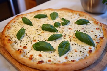 A freshly baked white pizza topped with fragrant basil, perfectly presented on a wooden serving board in an inviting kitchen setting.