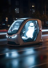 Futuristic electric vehicle driving on a wet city street at night with bright lights shining