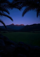 Palm trees framing mountains at dusk creating a serene and tropical landscape view