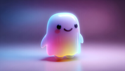 A 3D-rendered, glossy ghost character with a cute expression, captured at eye level. The colorful glow suggests a playful video game theme