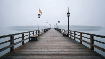 Fototapeta premium Very long wooden pier with lamps