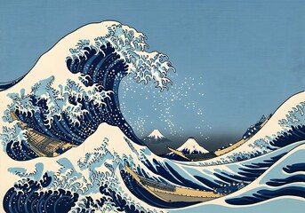 The great wave off kanagawa by hokusai is a woodblock print with a large wave and boats in the ocean