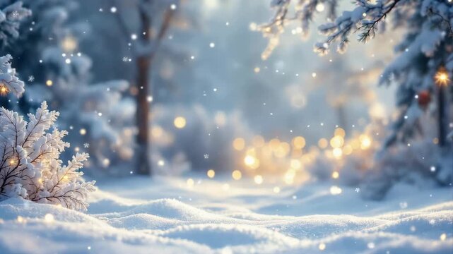 Enchanting Winter Forest Scene With Falling Snow And Soft Golden Lights Creating A Magical Atmosphere