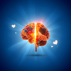 Healthy brain with fruits and chocolate, symbolizing healthy eating and balanced diet for optimal cognitive function