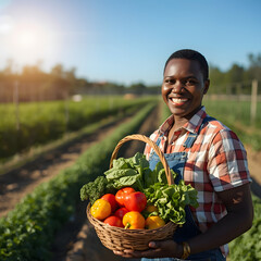 Smiling farmer holding a basket of fresh vegetables in a field, representing organic farming and healthy eating lifestyle