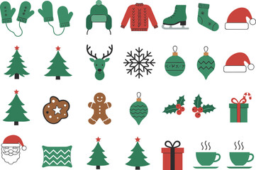 Christmas and winter icons collection with festive decorations and apparel, holiday celebration illustration set, seasonal artwork, cad drawing flat vector design