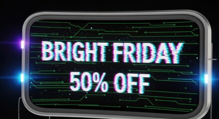 Obraz premium Bright friday promotion with glitch effect and 50 off discount on a digital screen