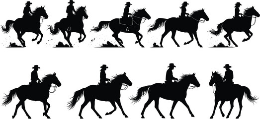 Horse rider silhouette vector, galloping and trotting poses, cowboy hat, equestrian motion, black icons, western style, outdoor activity, animal graphic