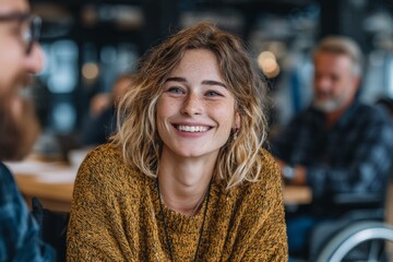 Young woman with freckles smiling brightly and enjoying a cheerful conversation