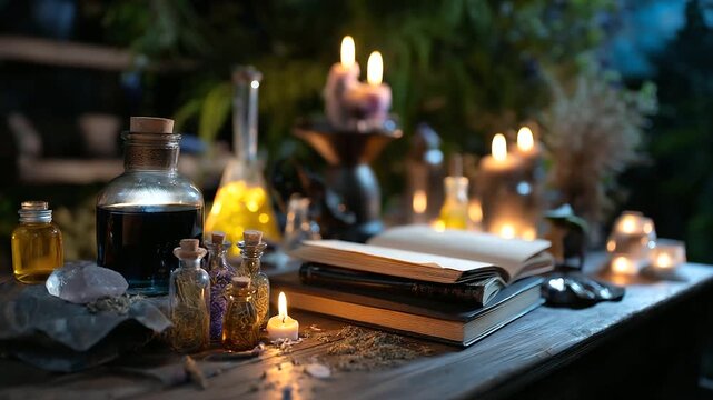 Faceless witch&rsquo;s desk &mdash; spell books, potion bottles, candles, and dried herbs glowing under moonlight, mysterious cinematic tone, with copy space.