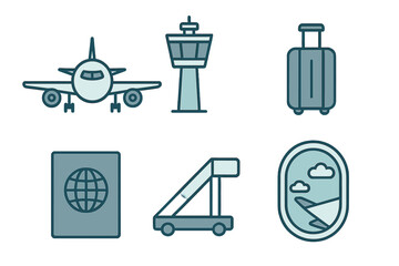 Airport and air travel symbols including airplane, control tower, luggage, passport, and window view