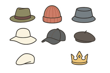 Collection of various headwear including fedora, beanie, baseball cap, and golden crown icon
