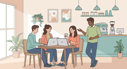 Collaborative Team Working on Laptops in a Cafe with a Barista Presenting