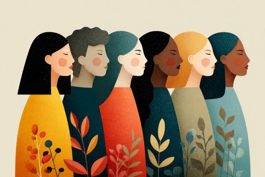 Diverse women standing in a line, showing unity, diversity, and solidarity