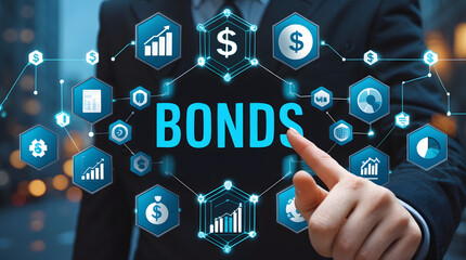Businessman interacting with a digital interface displaying the word bonds surrounded by financial icons and charts, representing investment and financial markets