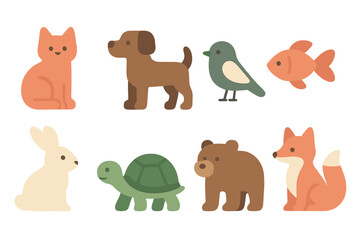 Cute collection of various domestic and wild animals in a simple flat style