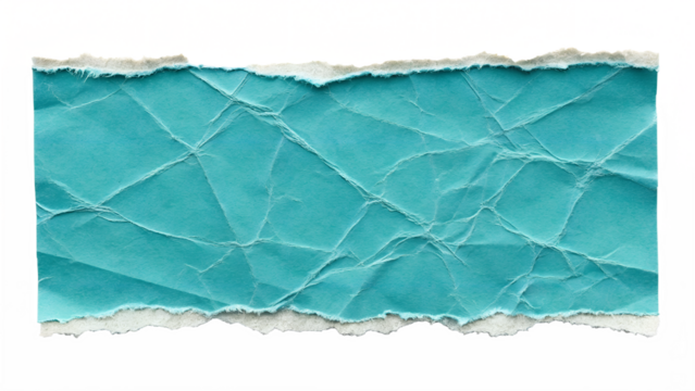 A vibrant turquoise piece of crumpled and torn paper with rough edges is presented isolated on a clean transparent background.