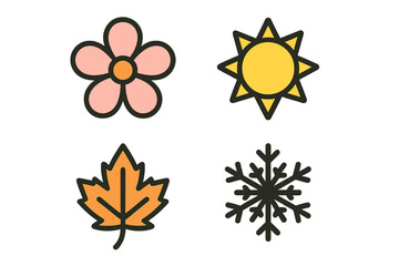 Four simple icons representing the seasons: spring flower, summer sun, autumn leaf, and winter snowflake