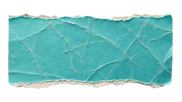 A vibrant turquoise textured paper piece with creased patterns and rough torn edges is isolated on a transparent background for graphic design.