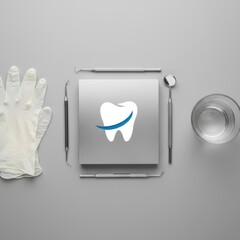 Dental tools and equipment arranged on a gray surface, featuring a tooth logo, gloves, and a glass of water, illustrating a professional dental care environment