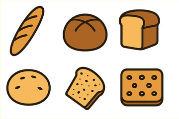 Various baked goods and bread types including baguette loaf bun and cracker icons