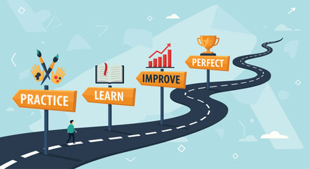 Achieve peak performance following the path to perfection through focused learning and consistent practice, success journey concept