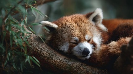 Naklejka premium A red panda sleeps peacefully curled up on a tree branch surrounded by foliage