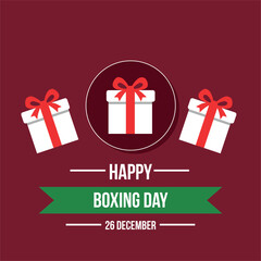 Happy boxing day greeting with gift boxes and red ribbon