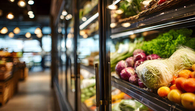 Medium shot of a refrigerated display case with glass doors showcasing fresh produce with crisp details in focus and a softly blurred store interior background.