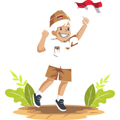 Happy Young Boy In Scout Uniform With Indonesian Flag In His Hand Jumping Joyfully With Green Leaf Decoration On Transparent Background