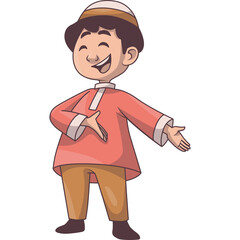 Happy Young Boy Wearing Traditional Coral Red Tunic and Tan Pants with a White Kufi Hat Smiling and Gesturing Joyfully on a Transparent Background