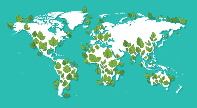 Promote global sustainability with this world map covered in green leaves, perfect for eco-conscious brands and environmental campaigns