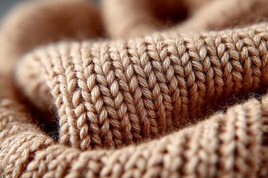 Brown knitted fabric showing intricate loop patterns and cozy wool texture